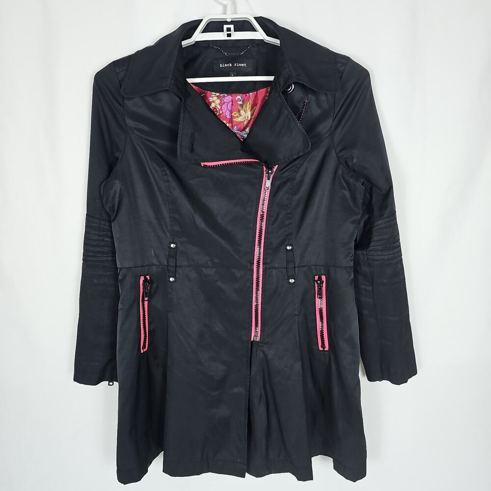 Black Rivet Black With Pink Trim Asymmetrical Zip Women's Coat Size: L